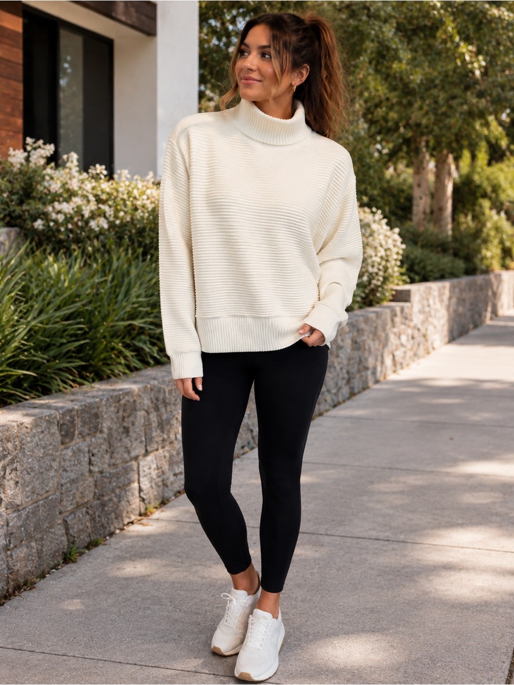 CALIA by Carrie Underwood Cream Ribbed Turtleneck Pullover Sweater